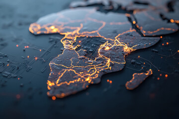 Economic development across the African continent highlighted by illuminated connections and infrastructure