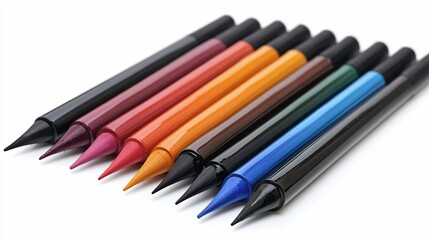 Fototapeta premium Eight vibrant colored pencils arranged in a row on a white background, showcasing their sharpened tips and glossy finish.