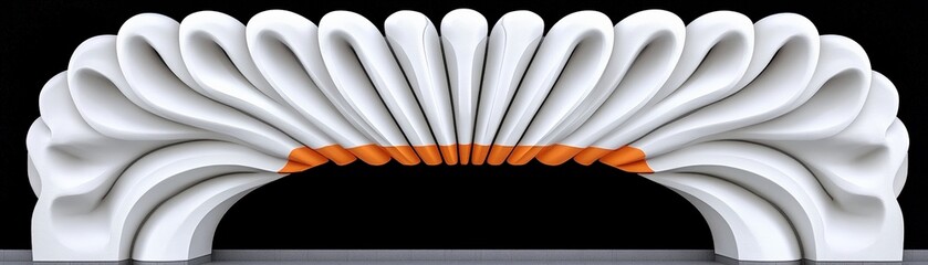 Abstract Archway: A stylized architectural arch, composed of flowing, petal-like forms in white with an orange accent, creates a visually striking and modern design element.