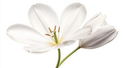 Fototapeta premium Two white tulips, one in bloom, one bud, isolated on white background.