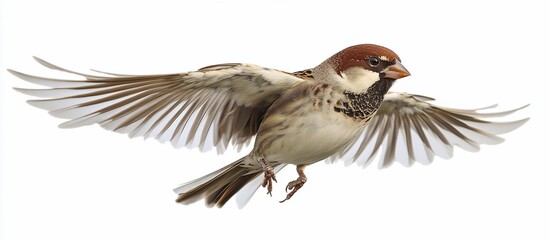 Obraz premium A Sparrow in flight with wings spread wide against a white background.