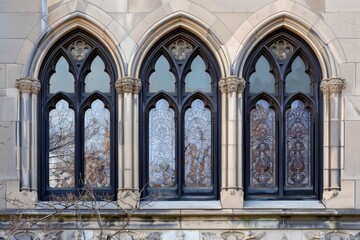Three arched windows with intricate glasswork and ornamental keystones on a stone building, Arched windows with ornamental keystones and intricate trim