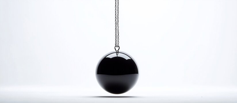 Black sphere hanging from a silver chain against a white background.
