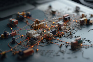 Complex network of importers and goods connecting various locations across a detailed map