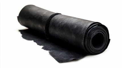 Rolled black rubber sheet with frayed edges on white background.