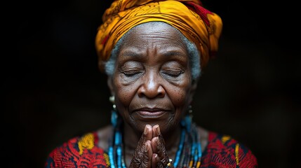 An elderly African woman prays with her eyes closed, finding peace, contentment, and spiritual connection