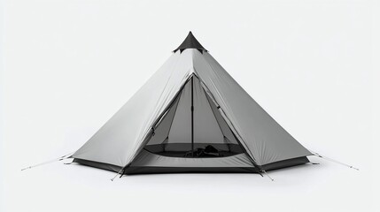 Grey conical tent with open doorway, showcasing interior space and mesh netting.