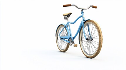 Obraz premium Light blue cruiser bicycle with cream-colored tires and saddle, isolated on white background.