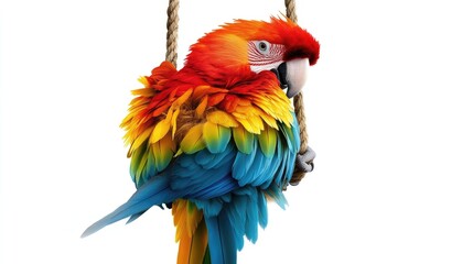 Fototapeta premium Vibrant Parrot Sitting on a Swing with a Clean White Background for Stock Photography