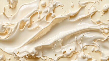 Creamy liquid swirls and splashes on beige background.