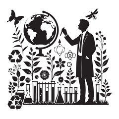 Environmental Scientist Silhouette Vector Illustration, Solid White Background.