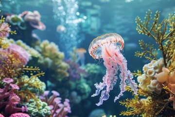 Naklejka premium A jellyfish floats gracefully in a vibrant underwater world filled with colorful coral reefs, An enchanting underwater world with graceful jellyfish and intricate coral reefs