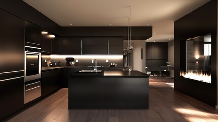 Contemporary kitchen with black cabinetry, central island, and warm lighting creating a cozy atmosphere