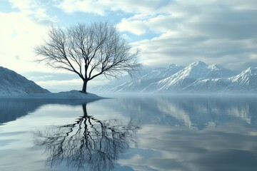 Tranquil winter lake landscape featuring a leafless tree against a calm water reflection