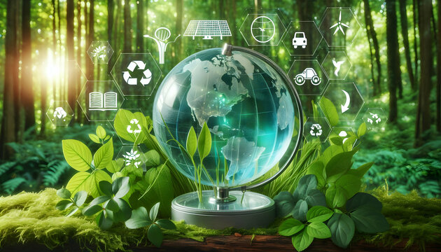 NetZero A glass globe with a map of the world, surrounded by vibrant green plants and symbols representing r3