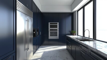 Modern kitchen with dark blue cabinetry, stainless steel appliances, and large windows providing ample natural light