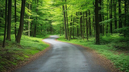 Fototapeta premium Winding road through lush green forest.