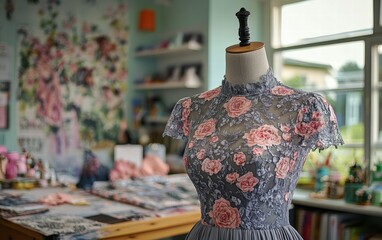 Naklejka premium A delicate grey lace dress adorned with blush roses, elegantly displayed on a mannequin in a vibrant art studio. The perfect blend of artistry and fashion.