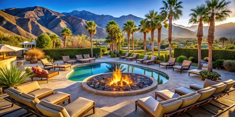 Obraz premium Palm Springs resort: aerial view reveals a luxurious outdoor lounge area complete with a cozy fire pit.