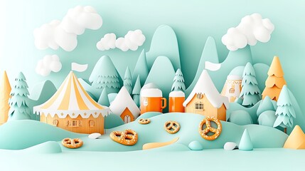 Festive winter village scene with beer mugs and pretzels, idyllic background for holiday celebration