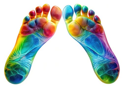 Panoramic view:  Healthy and progressively flat feet are superimposed, illustrating the condition's stages via medical imaging.