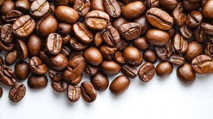 Coffee beans scattered on a white background showcasing their natural texture and color variations