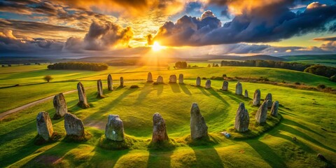 Aerial View of Ancient Standing Stones in Open Landscape