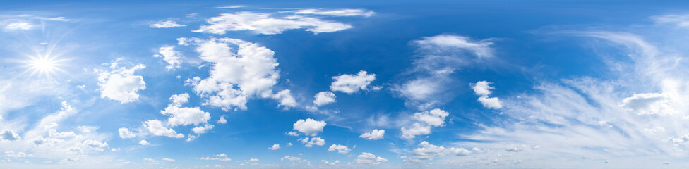 Panorama of beautiful blue sky with clouds. 360 seamless panoramic view.