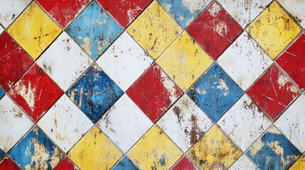 Vintage harlequin diamond pattern. Ceramic grunge textured old tile background. Abstract geometric pattern from white, blue, red and yellow tiles