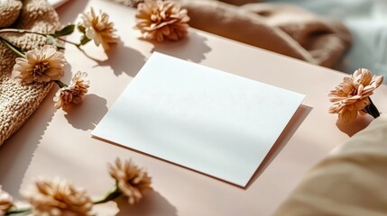 Clean and blank white greeting card resting on a pastel pink surface, framed by scattered flowers in soft, romantic tones. Valentine's Day, Easter, Birthday, Happy Women's Day, Mother's Day.