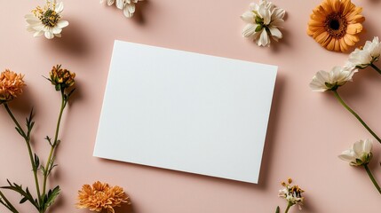 Clean and blank white greeting card resting on a pastel pink surface, framed by scattered flowers in soft, romantic tones. Valentine's Day, Easter, Birthday, Happy Women's Day, Mother's Day.