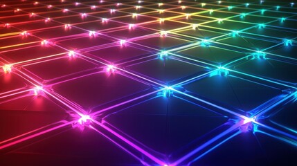Obraz premium Colorful neon grid pattern creates a vibrant and dynamic visual display for a modern technology backdrop