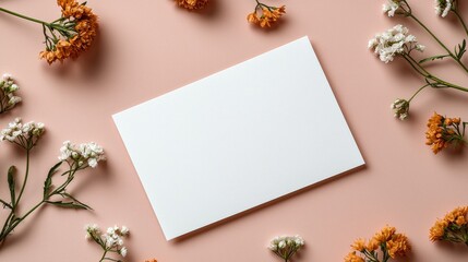 Clean and blank white greeting card resting on a pastel pink surface, framed by scattered flowers in soft, romantic tones. Valentine's Day, Easter, Birthday, Happy Women's Day, Mother's Day.