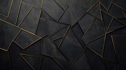 Black and gold geometric abstract background. Minimal dark gray and golden polygon pattern with geometric shapes, lines, stripes, triangles. Modern elegant luxury futuristic design