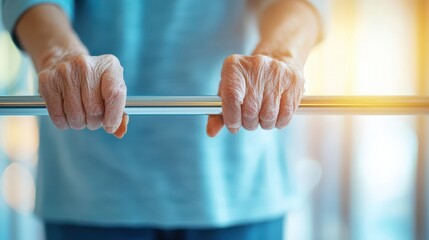 A senior holding onto parallel bars during physical therapy on a neutral background.