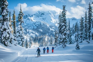 A group of skiers enjoying a sunny day on a snowy mountain slope surrounded by tall pine trees, A group of skiers surrounded by tall pine trees and mountains in the background