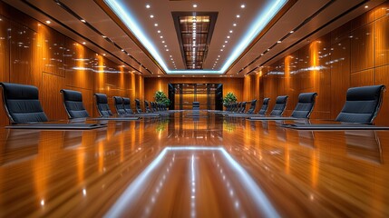 An empty boardroom with a modern design awaits a conference, representing a business interior ready for meetings and discussions