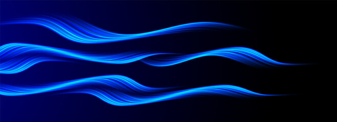Blue light waves showing air flow. Dynamic motion curves on a dark background. Modern vector design.