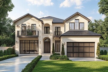 Fototapeta premium Create a realistic 3d render of a modern two story house with landscaped yard and detailed features
