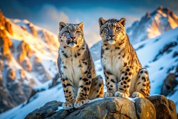 Fototapeta premium Stunning wildlife photography showcases the elusive beauty of Hemis National Park's majestic snow leopards. A breathtaking glimpse into their world.