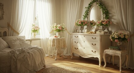 Luxurious vintage bedroom, soft morning light, ornate white furniture, floral arrangements, lace curtains, antique dresser, elegant bedding, pastel colors, romantic atmosphere, intricate details, shab