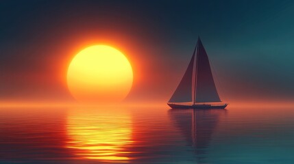 Sailboat at sunset on calm ocean.