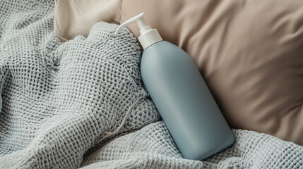 Fototapeta premium Cozy Home Spa Grey Pump Bottle on Knitted Blanket