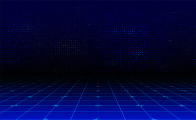 Blue digital grid flor with dotted wall. Gaming background for product presenation. Futuristic perspective wireframe with grid line.