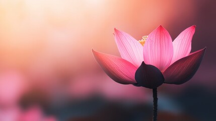 A serene lotus flower blooms against a softly blurred background, exuding tranquility and beauty in delicate pink hues.