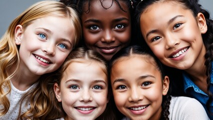 Obraz premium Joyful friendship among diverse girls smiling brightly in a close-up portrait