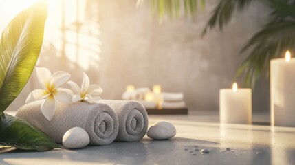 Spa background with white flowers, burning candles, rolled towels on rock marble table. Beauty salon banner. Massage, wellness, relaxation, aromatherapy. Luxury spa with tropical relax atmosphere