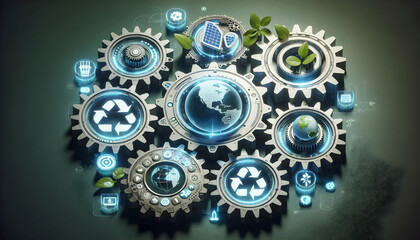 NetZero A futuristic arrangement of gears with sustainability icons like renewable energy, recycling, and su3