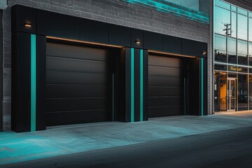 Contemporary garage with black doors under night lighting.