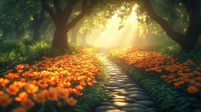 Sunlit Path Through a Magical Forest of Orange Tulips